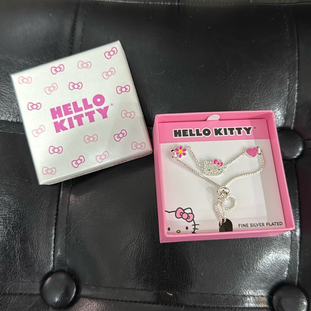 New Pink Bow Hello Kitty Jewelry Cubic Zirconia Silver Plated Lariat Bracelet